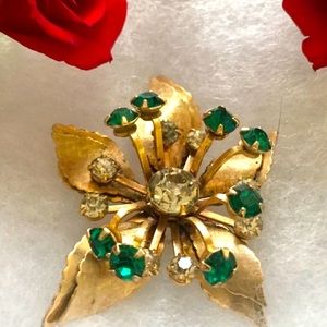 Green and white crystal gold plated flower brooch